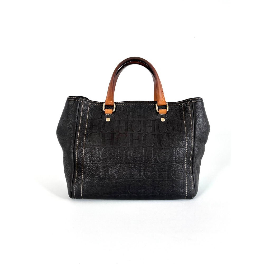 Carolina Herrera Black Pebbled Leather CH Monogram Embossed Tote Bag Tan Handles